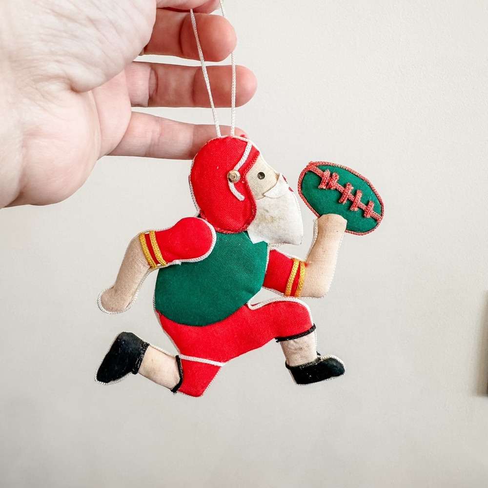 VTG Christmas Ornament Santa Football Player Flat Padded Cardboard 4 1/2" Sports
